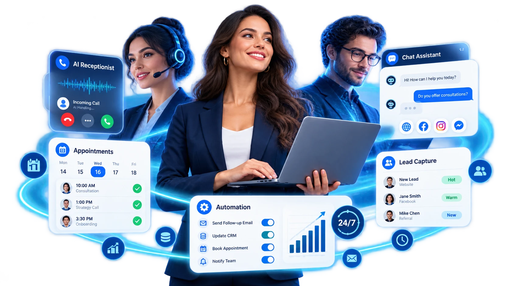 AI receptionist, chat assistant, appointment booking and lead capture working together